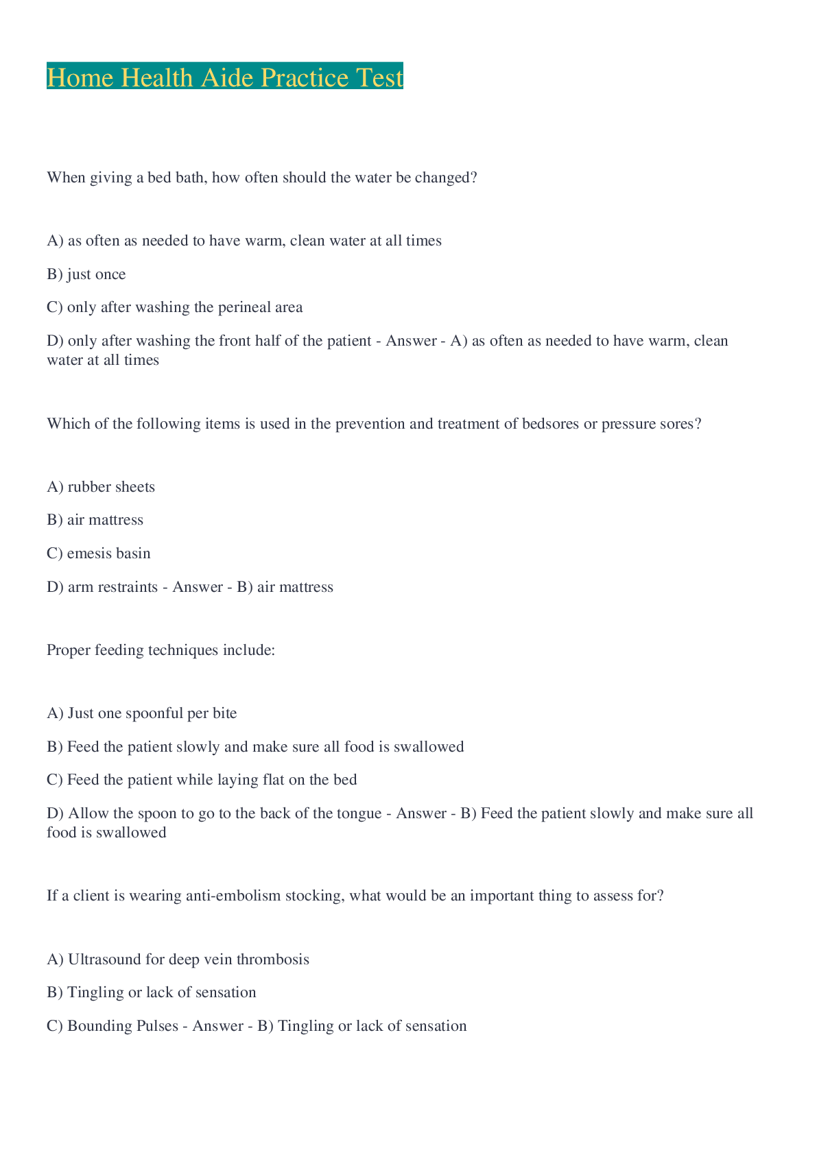 Preview image for Home Health Aide Practice Test Questions And Answers 2022